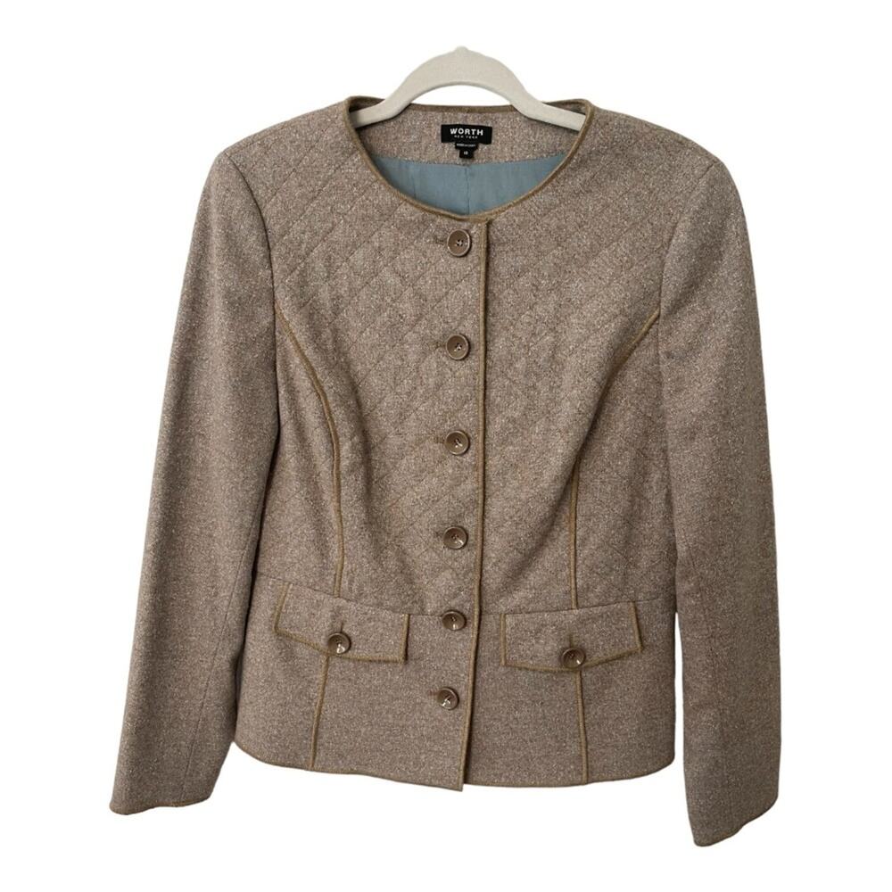 Worth Quilted Blazer Jacket Button Front Wool Silk Blend Statement Moto Biker 10